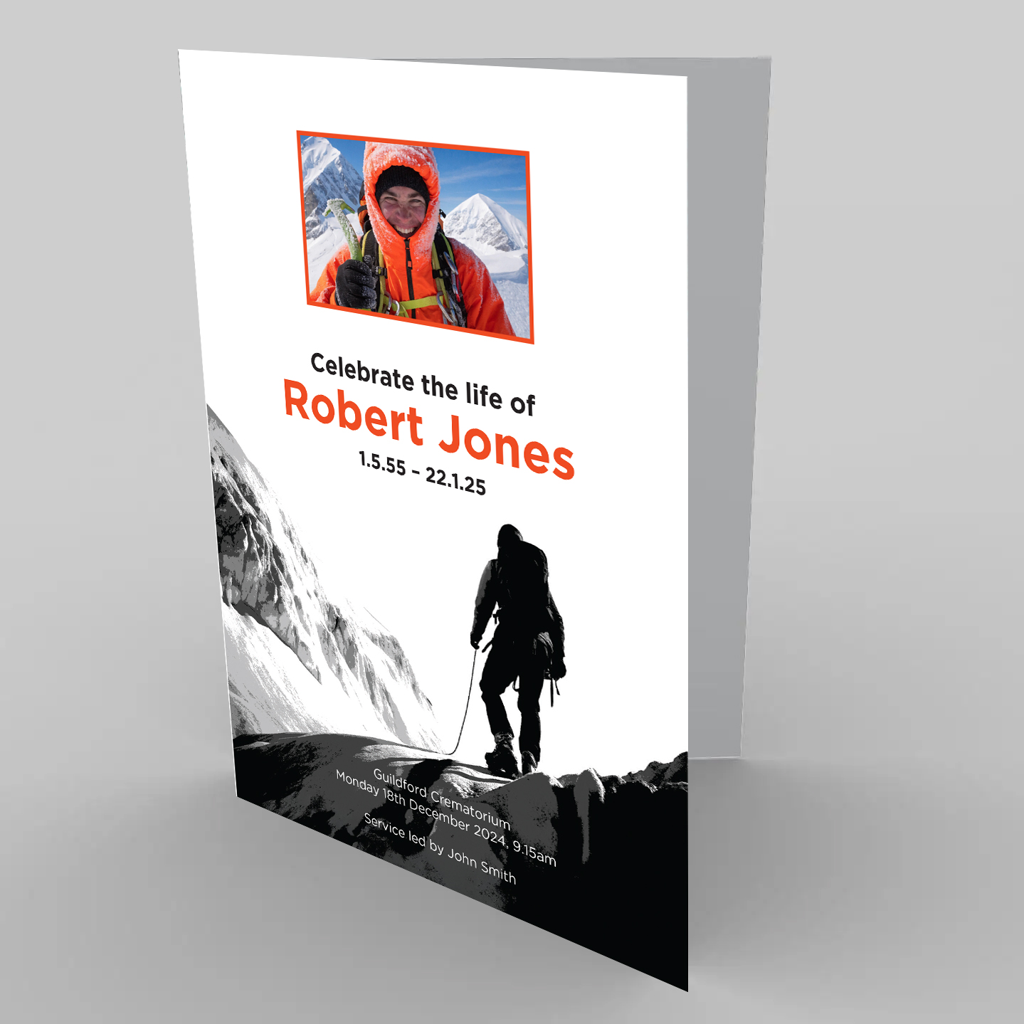 The climber funeral order of service design. Printed on 400gsm white card.